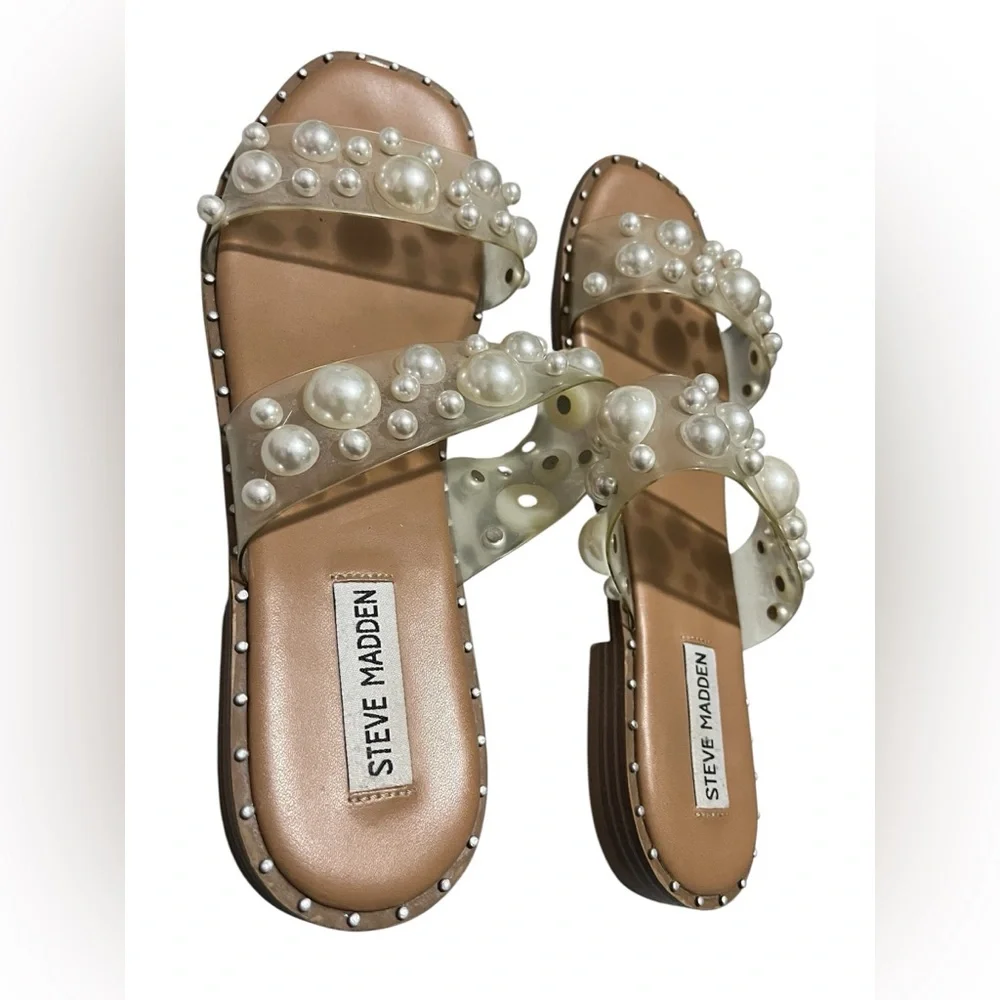 Size 9 Steve Madden Pearl-Embellished Clear Strap Slide Sandals - Nude/Tan - Picture 1 of 8